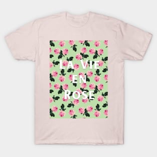 La Vie En Rose - scattered pink vintage roses on green, pink tee T-Shirt
